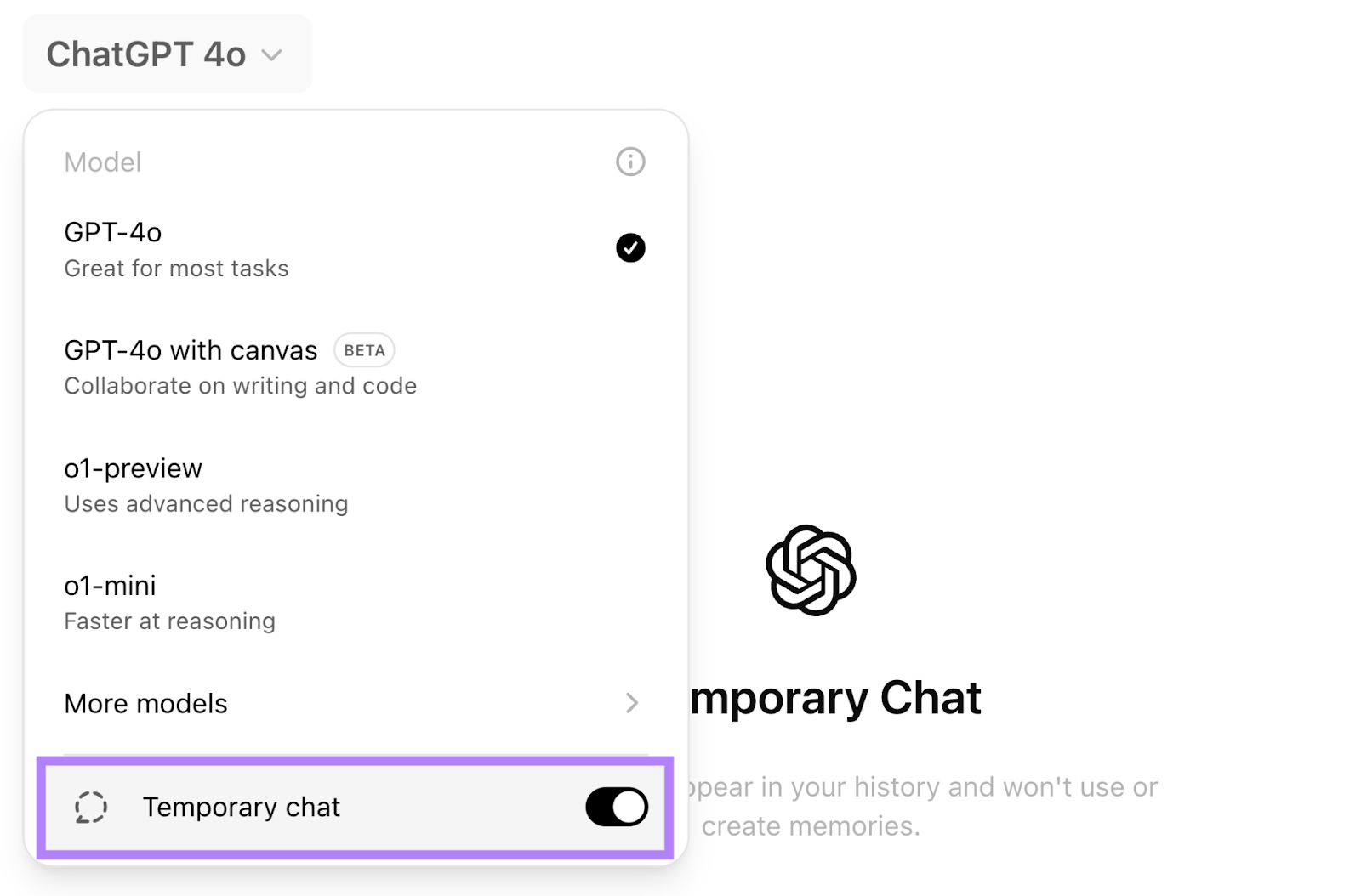 the model drop down menu shows the option to toggle temporary chat