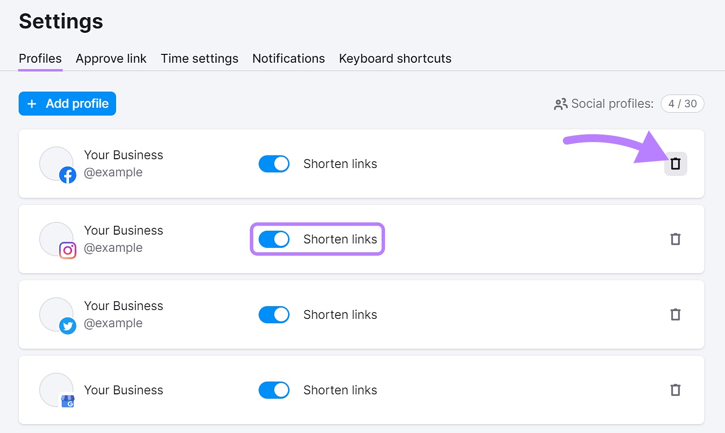 Profile settings page in Social Poster tool