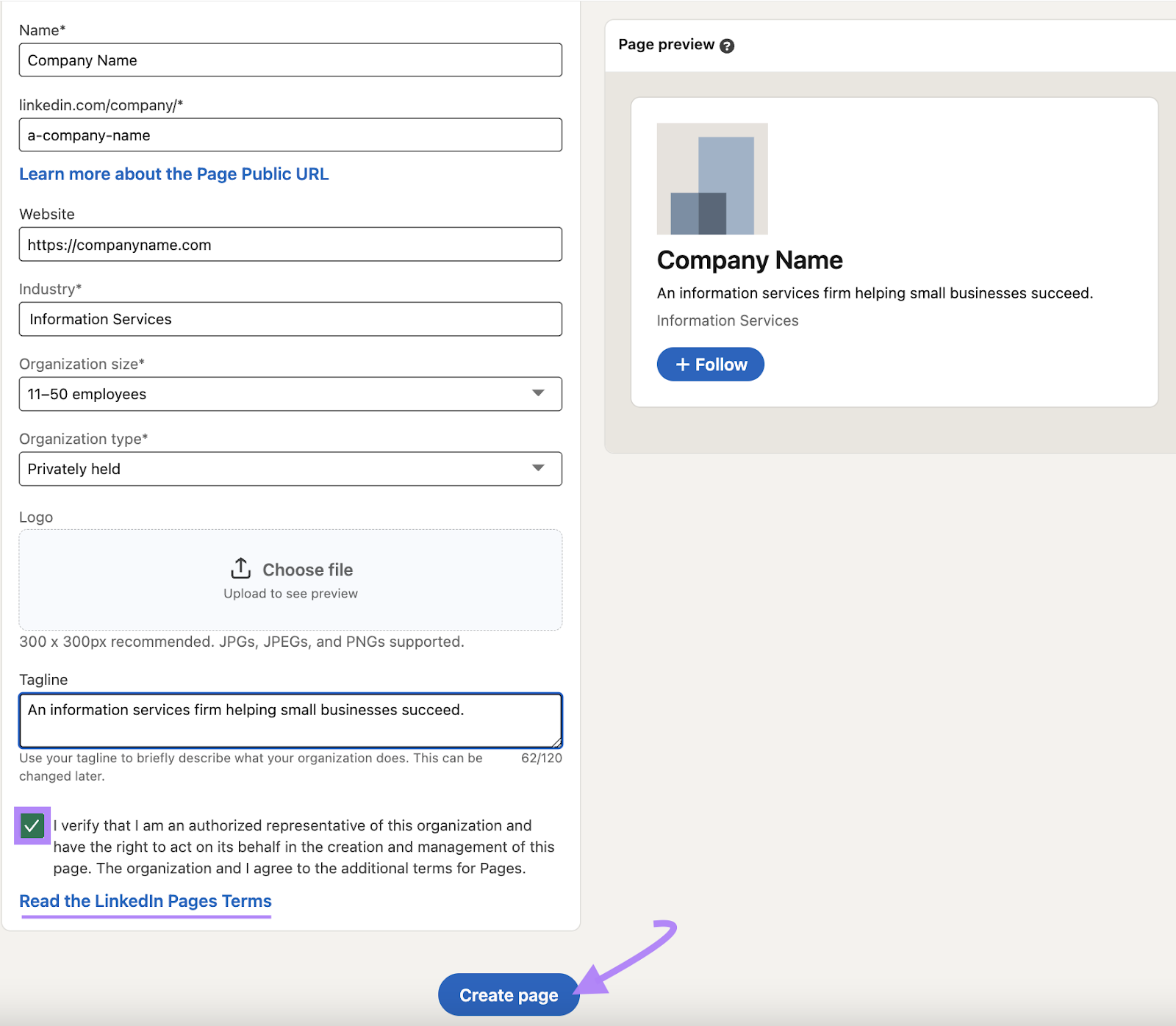 LinkedIn company page setup form with 'create page' button highlighted