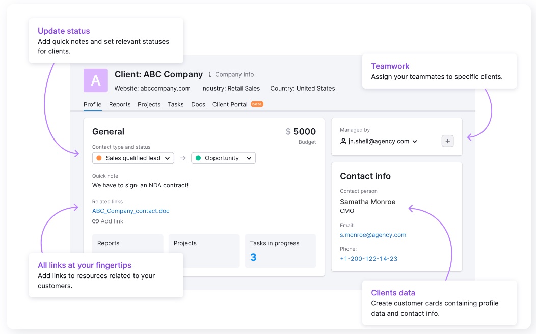 The Semrush CRM dashboard provides quick insight into a company’s clients status, data, and assigned salesperson