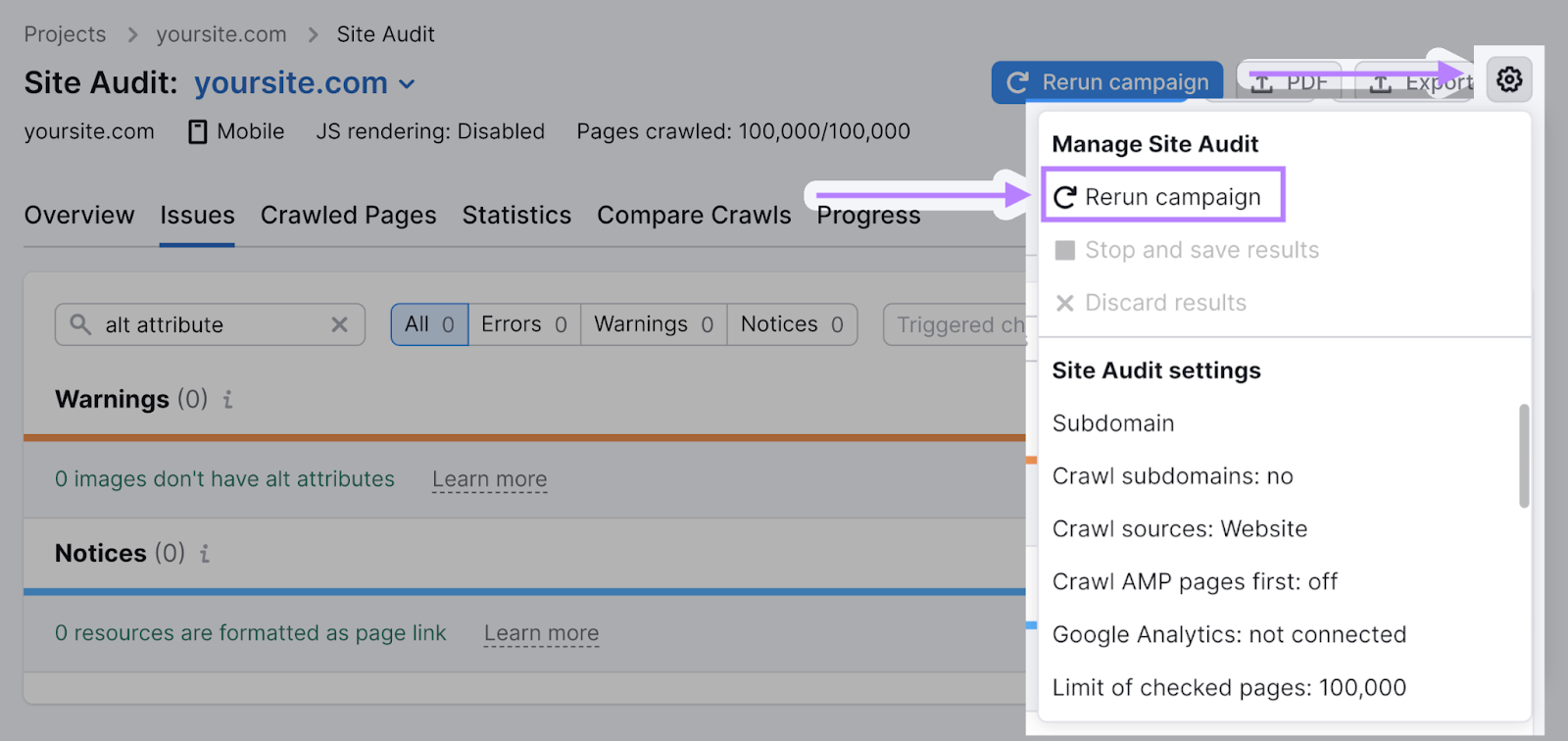 The gear icon in Semrush's Site Audit tool brings up a menu featuring a "Rerun campaign" option.