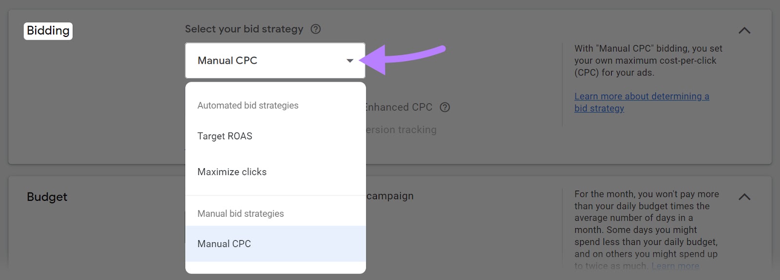 "Bidding" drop-down menu of Google Ads campaign settings