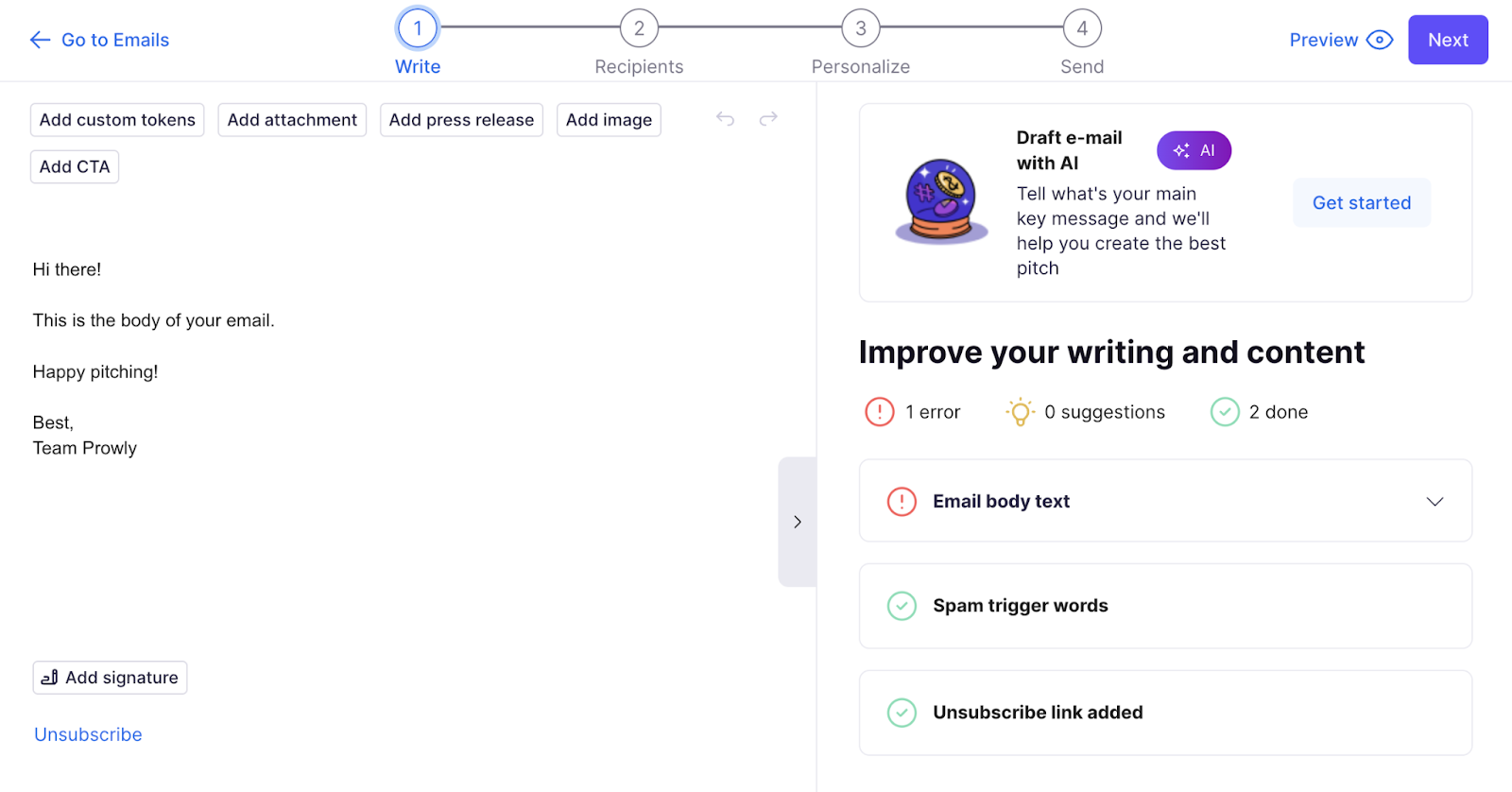 Prowly email draft tool has area for text and AI tools