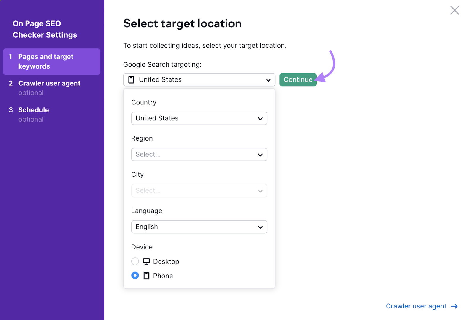 "Select target location" window in On Page SEO Checker settings