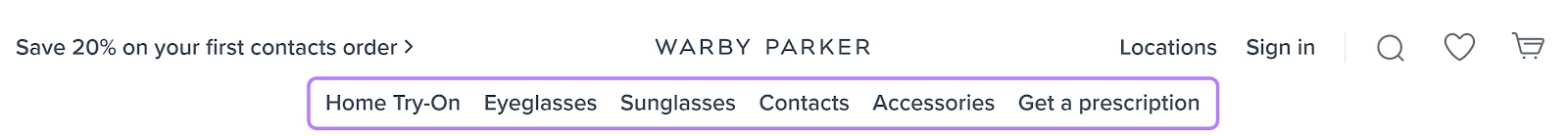 Warby Parker's horizontal navigation