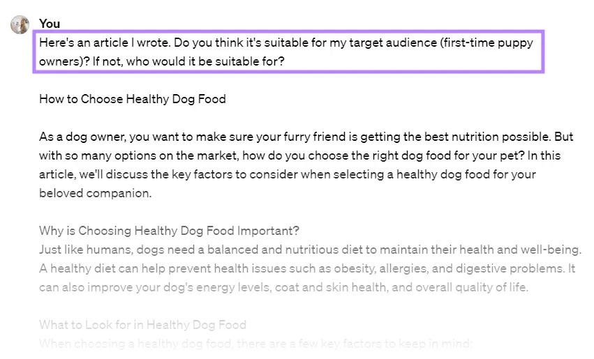 Pasting 'How to Choose Healthy Dog Food' article into ChatGPT to assess for audience suitability