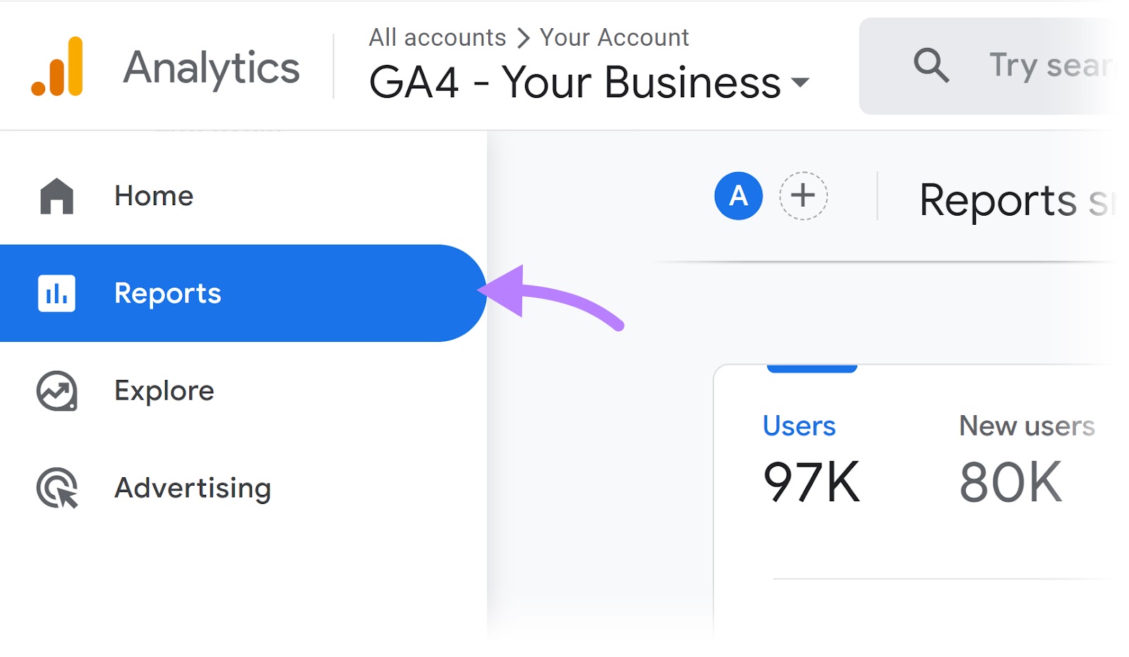 “Reports” selected in GA4 menu