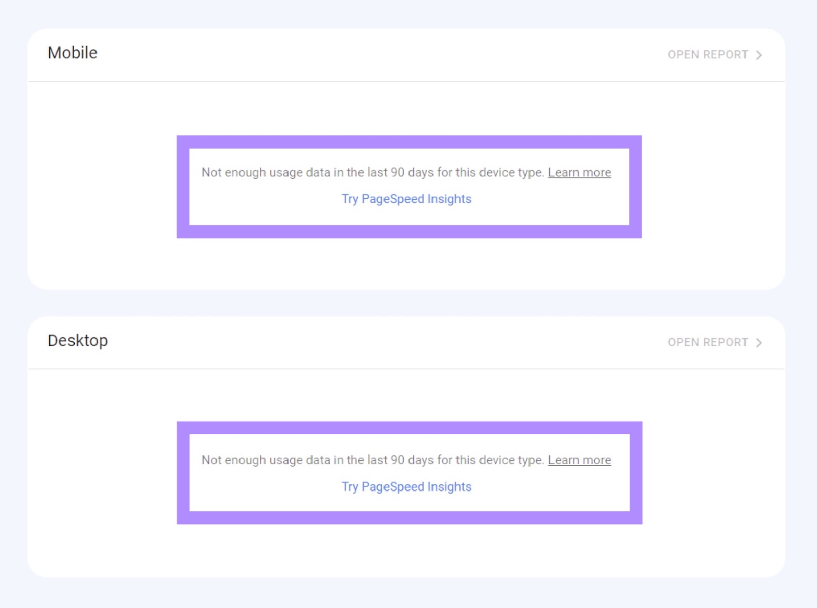 Core web vitals report page on GSC with a message reading "Not enough usage data in the last 90 days for this device type".