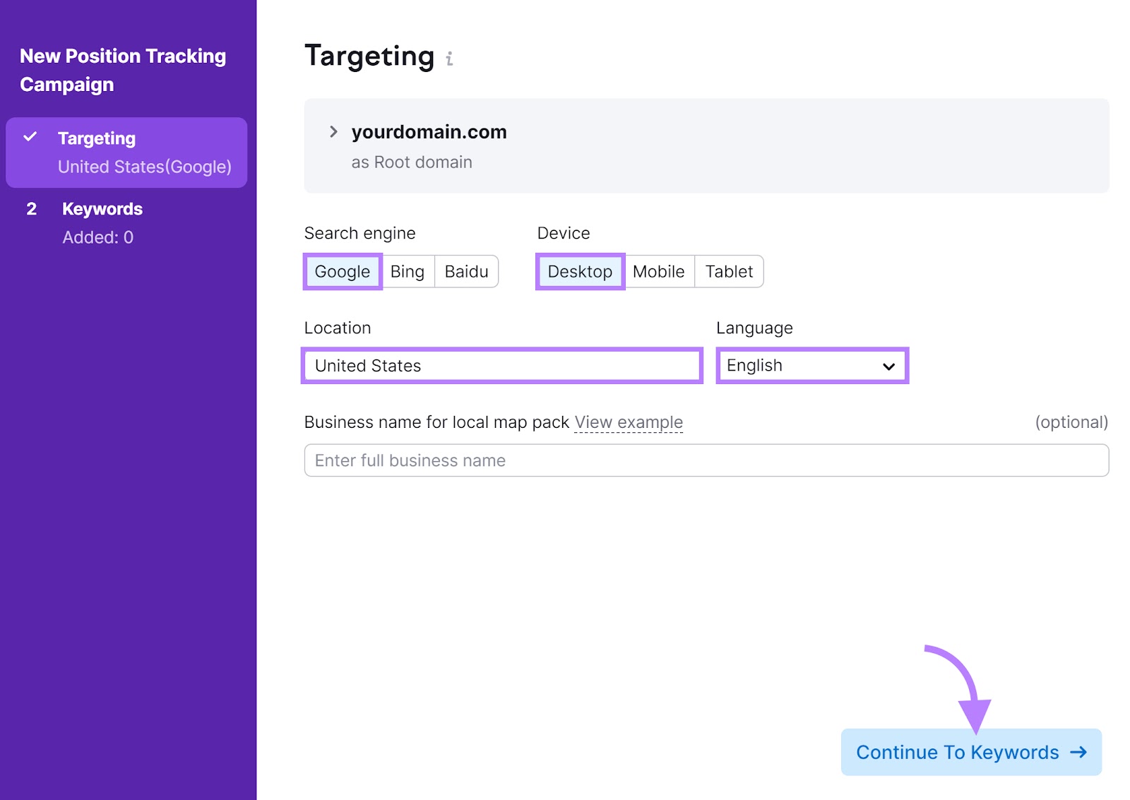 Position Tracking tool "Targeting" tab with search engine, device, location, and language sections highlighted.