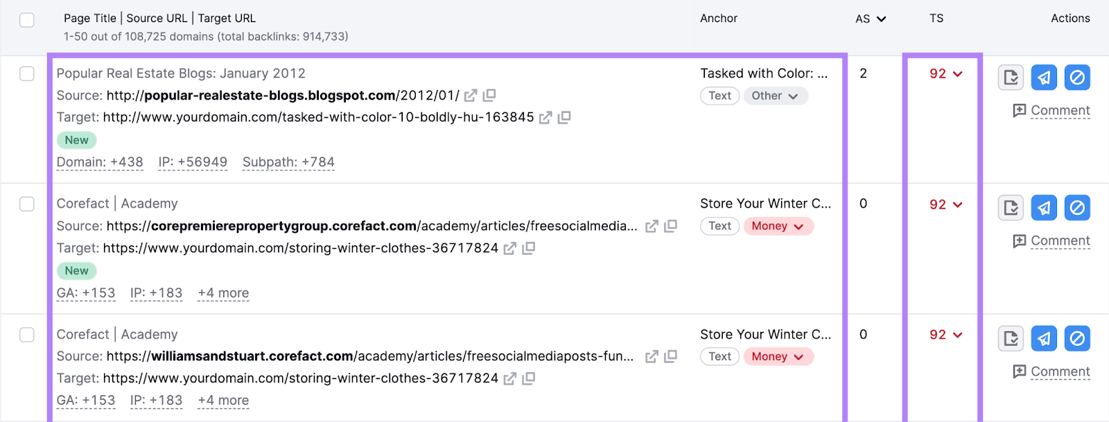 columns highlighted in the backlink audit report