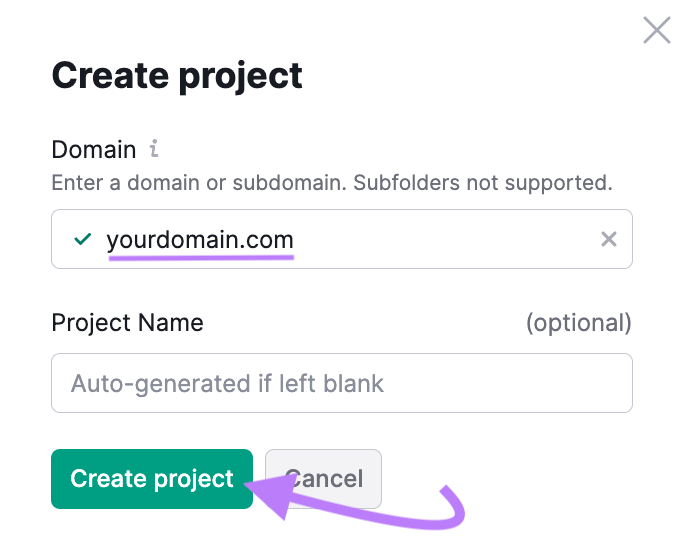 "Create project" pop up window in Site Audit tool