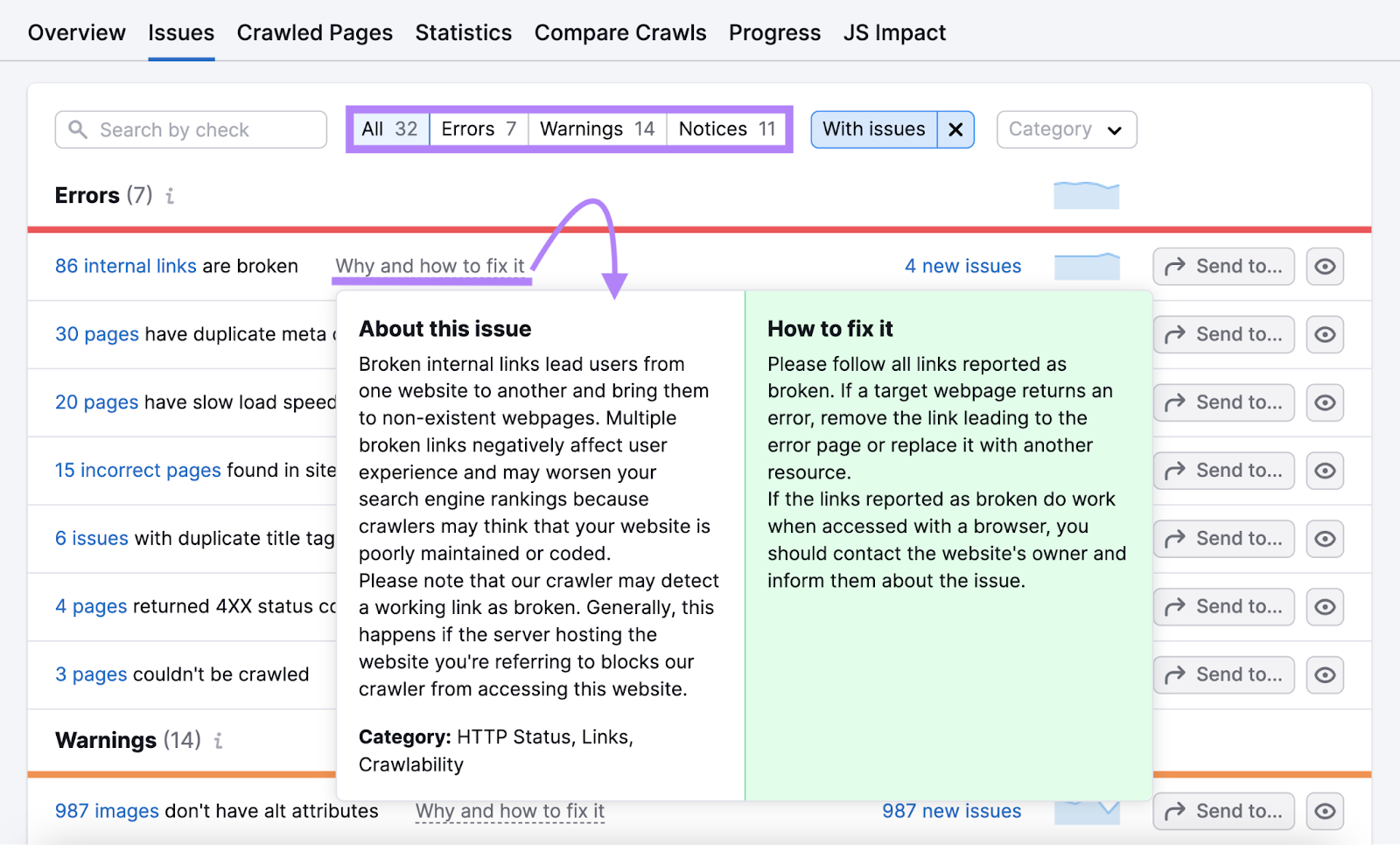 A pop-up explaining issue with broken internal links and how to fix it in Site Audit tool