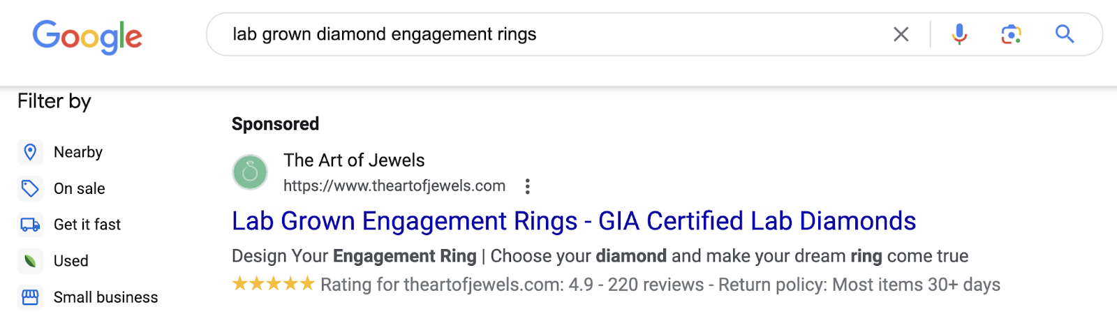 Google SERP for 'lab grown diamond engagement rings' keyword