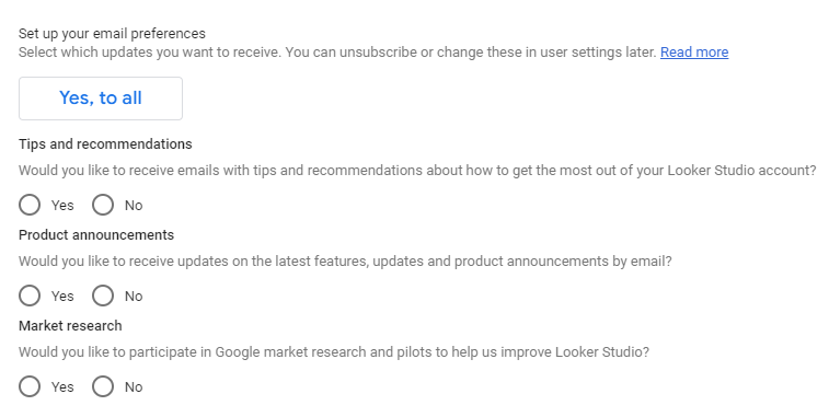"Set up your email preferences" in Looker Studio