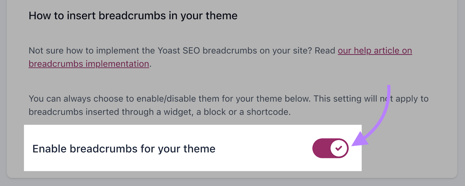 “Enable breadcrumbs for your theme” option highlighted