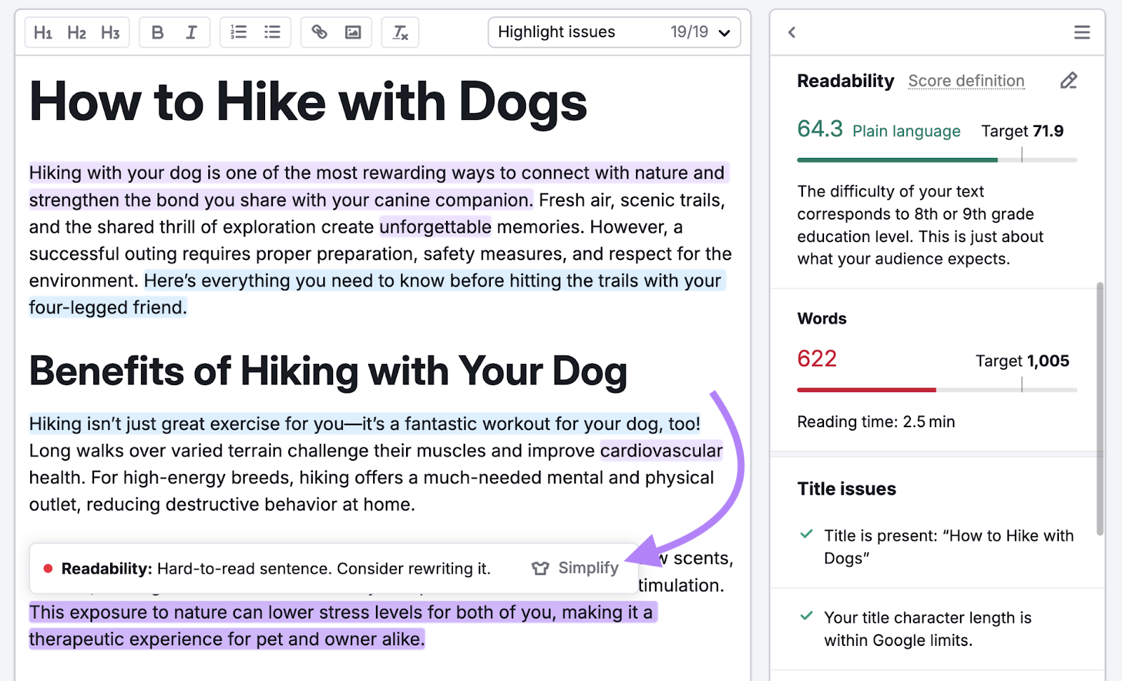 Hard-to-read sentences are highlighted and the text has a readability score.