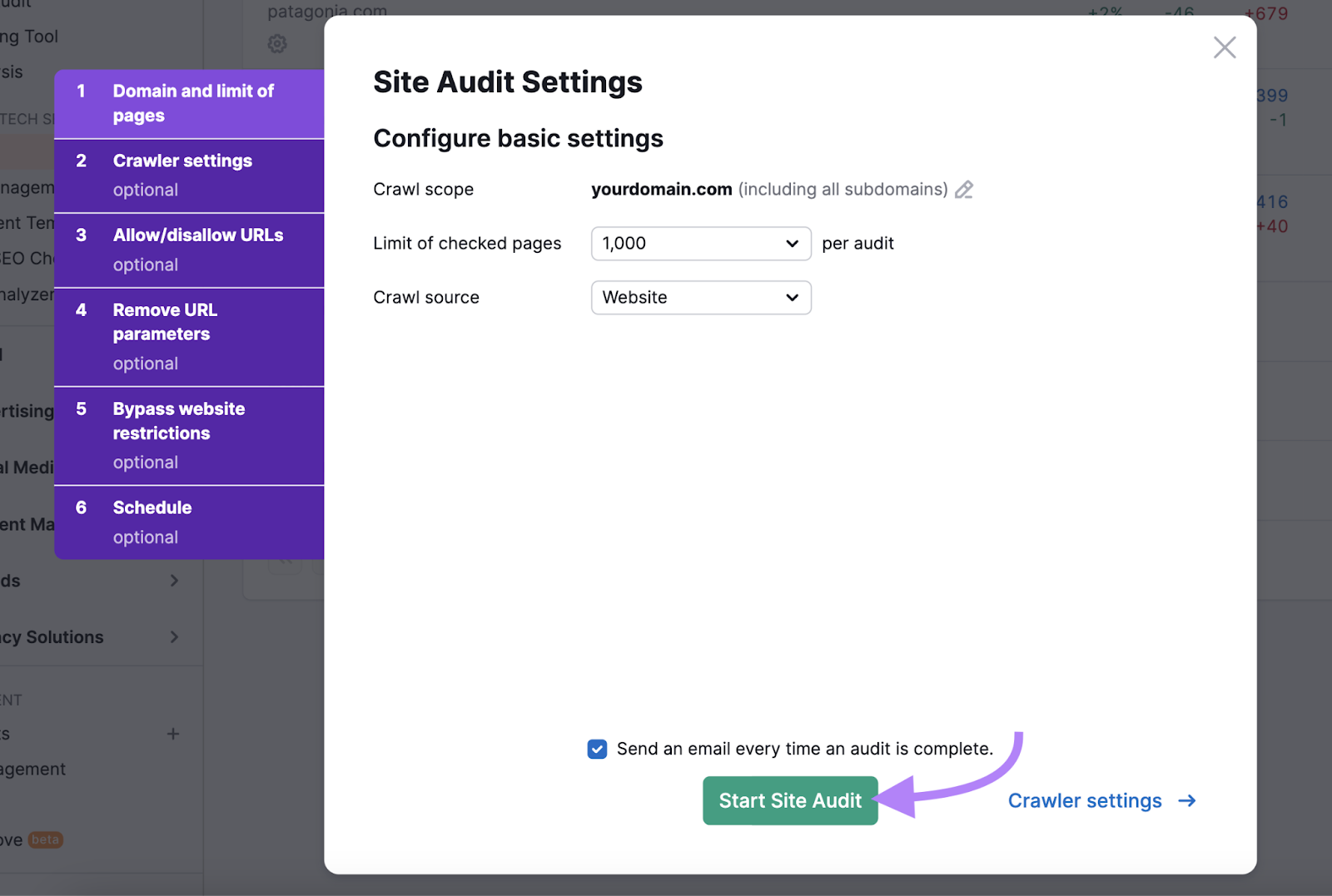 "Site Audit Settings" window