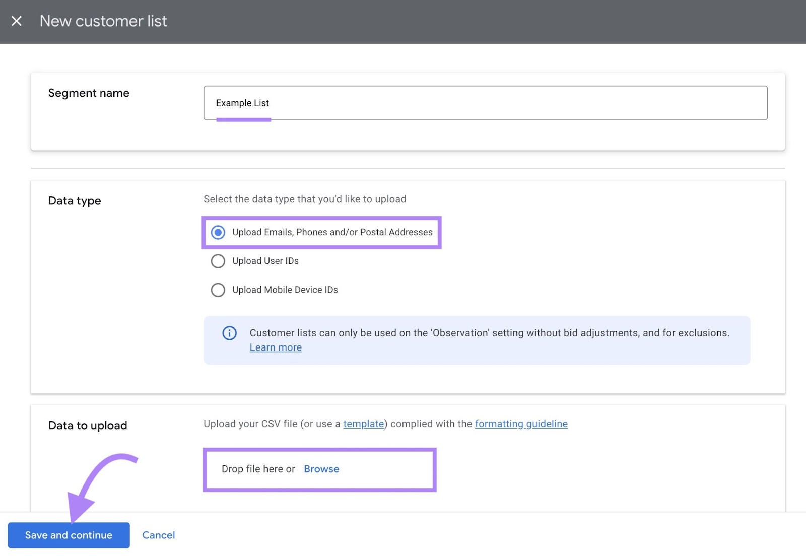 Page to input segment name, select data type and to upload a CSV to create a new customer list on Google Ads.