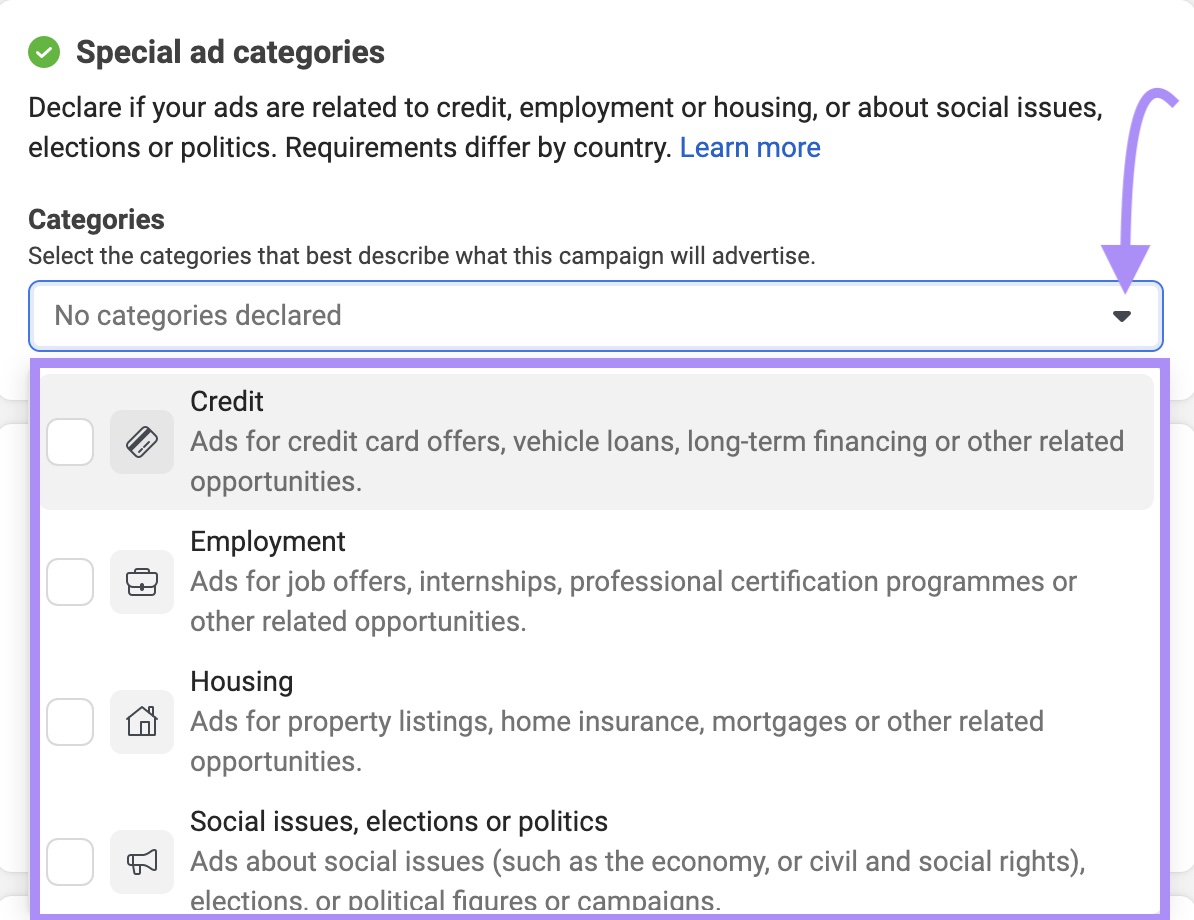 Facebook’s special ad categories window