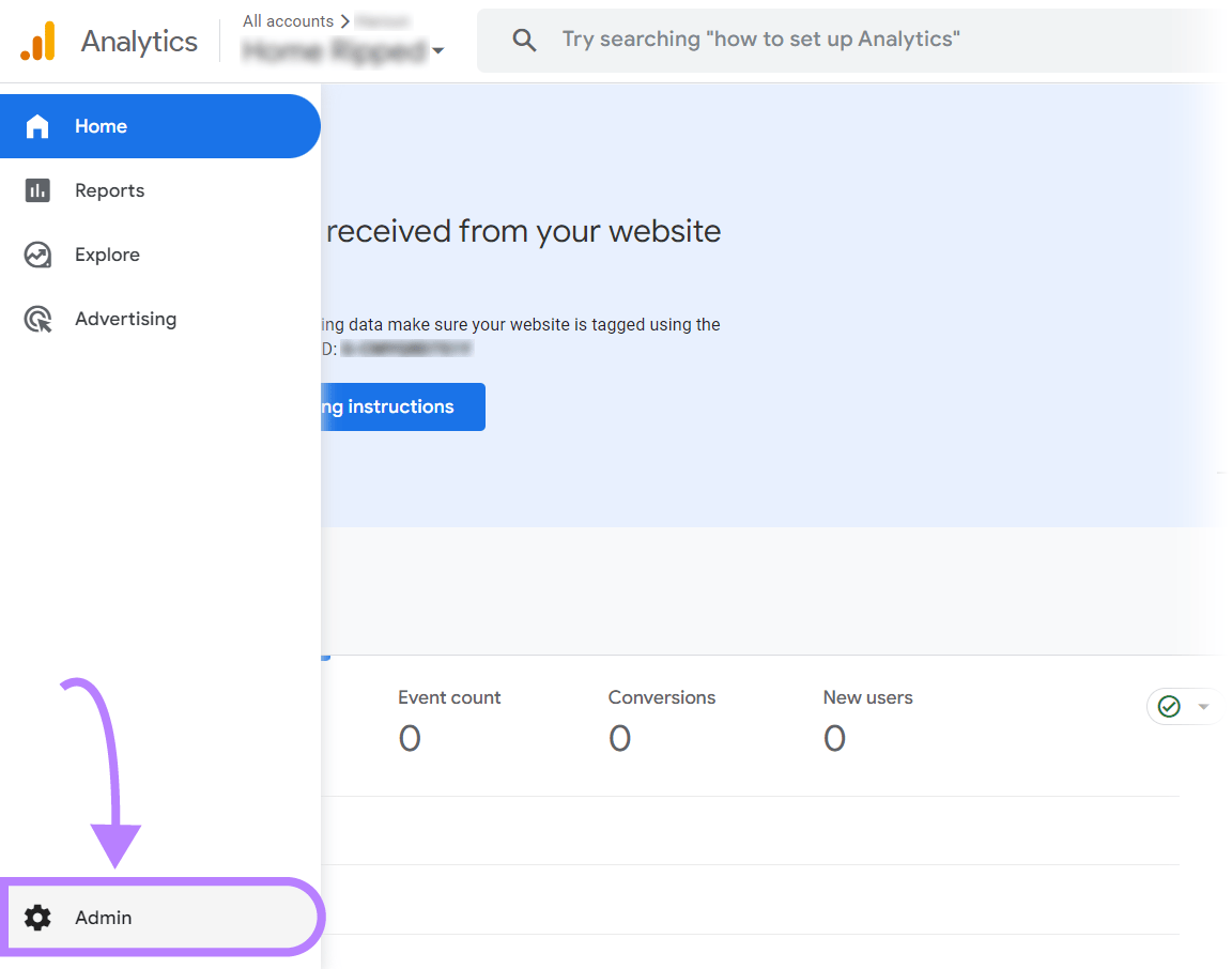 “Admin” button in Google Analytics 4