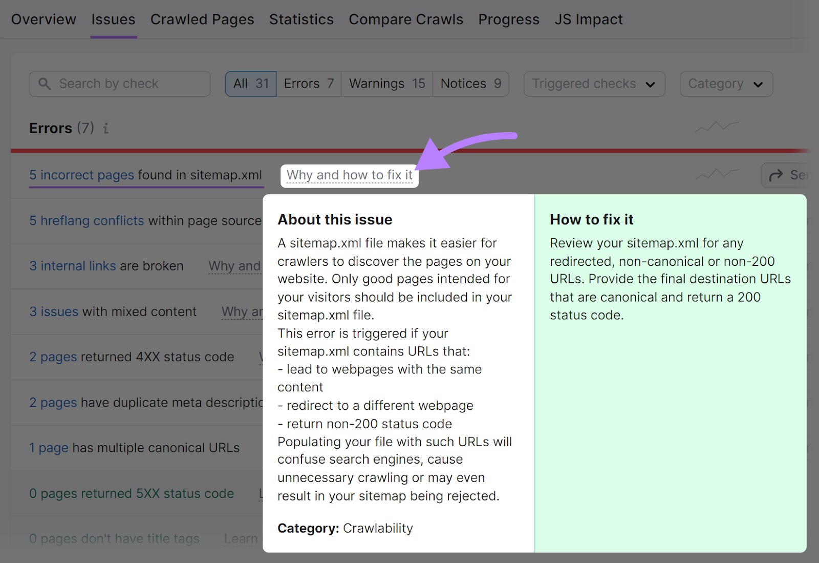 "Why and how to fix it" window in Site Audit tool