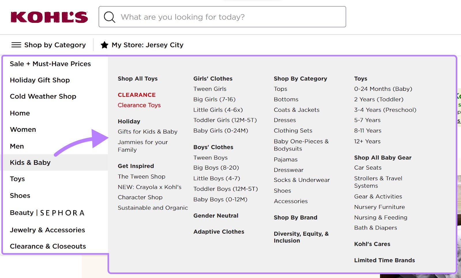 Kohl’s submenu for "Kids & Baby" opened from the sidebar menu