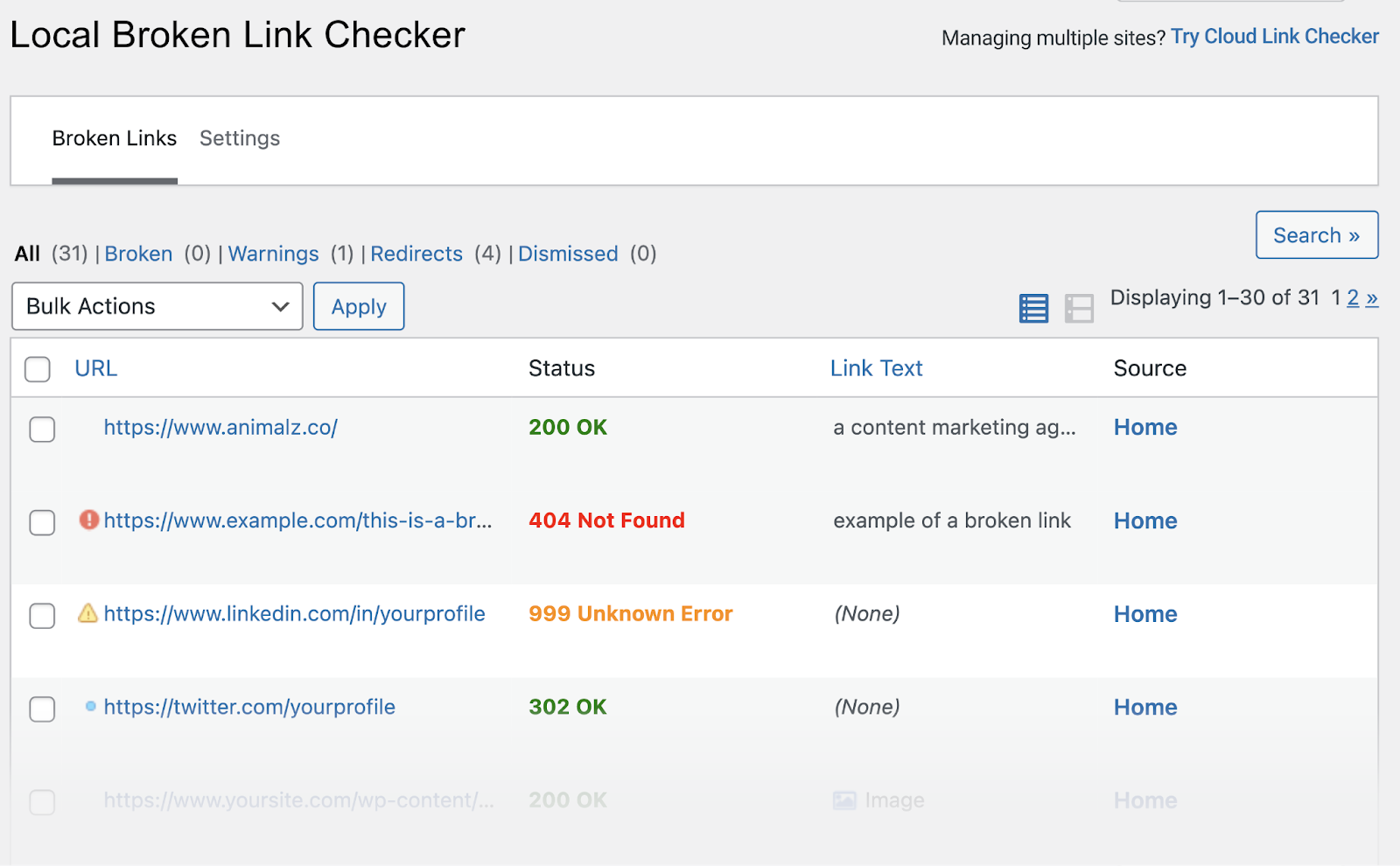 "Local Broken Link Checker" page in Broken Link Checker plugin