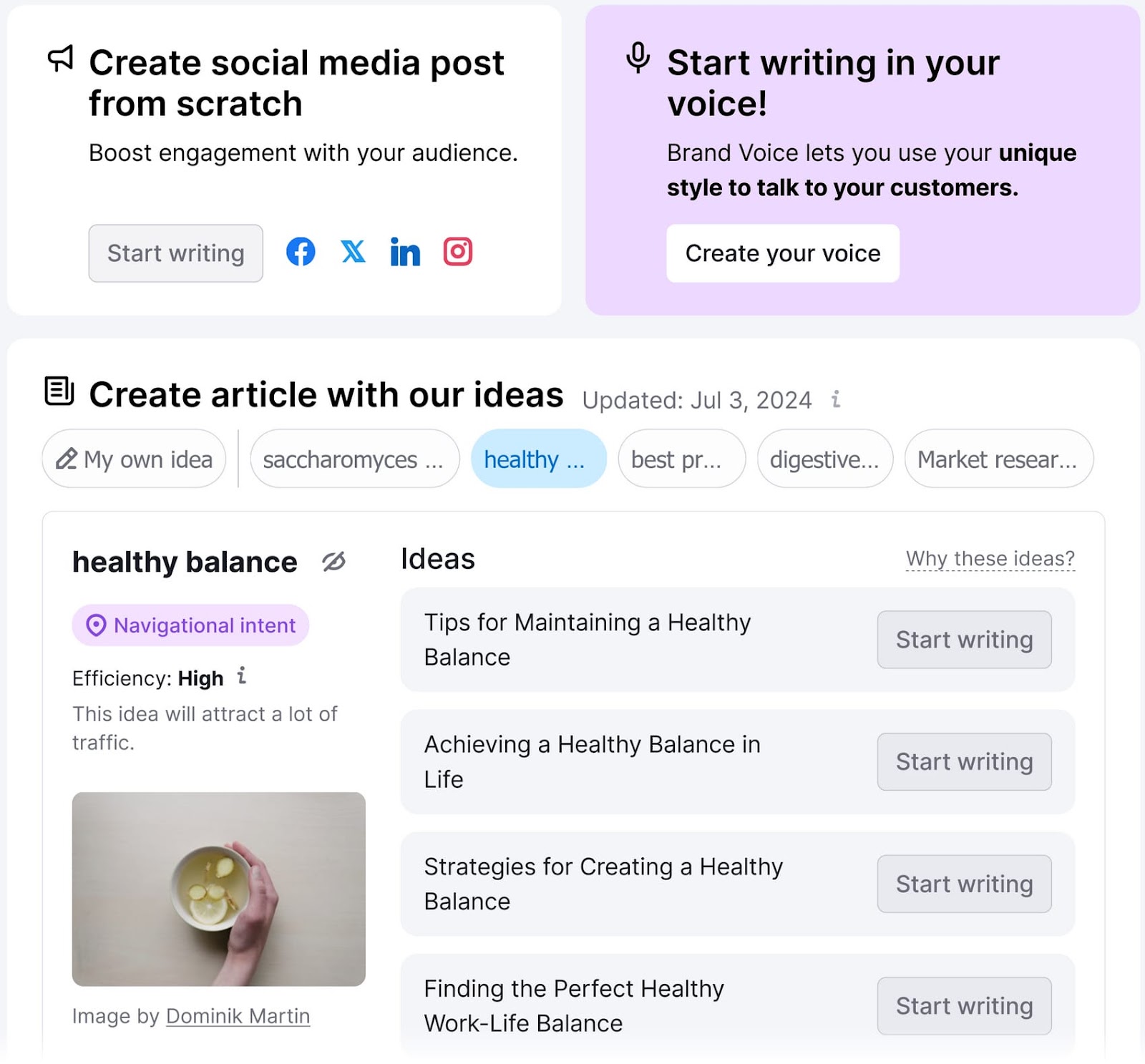 ContentShake AI interface showing content creation options, including sections for creating social media posts and articles.