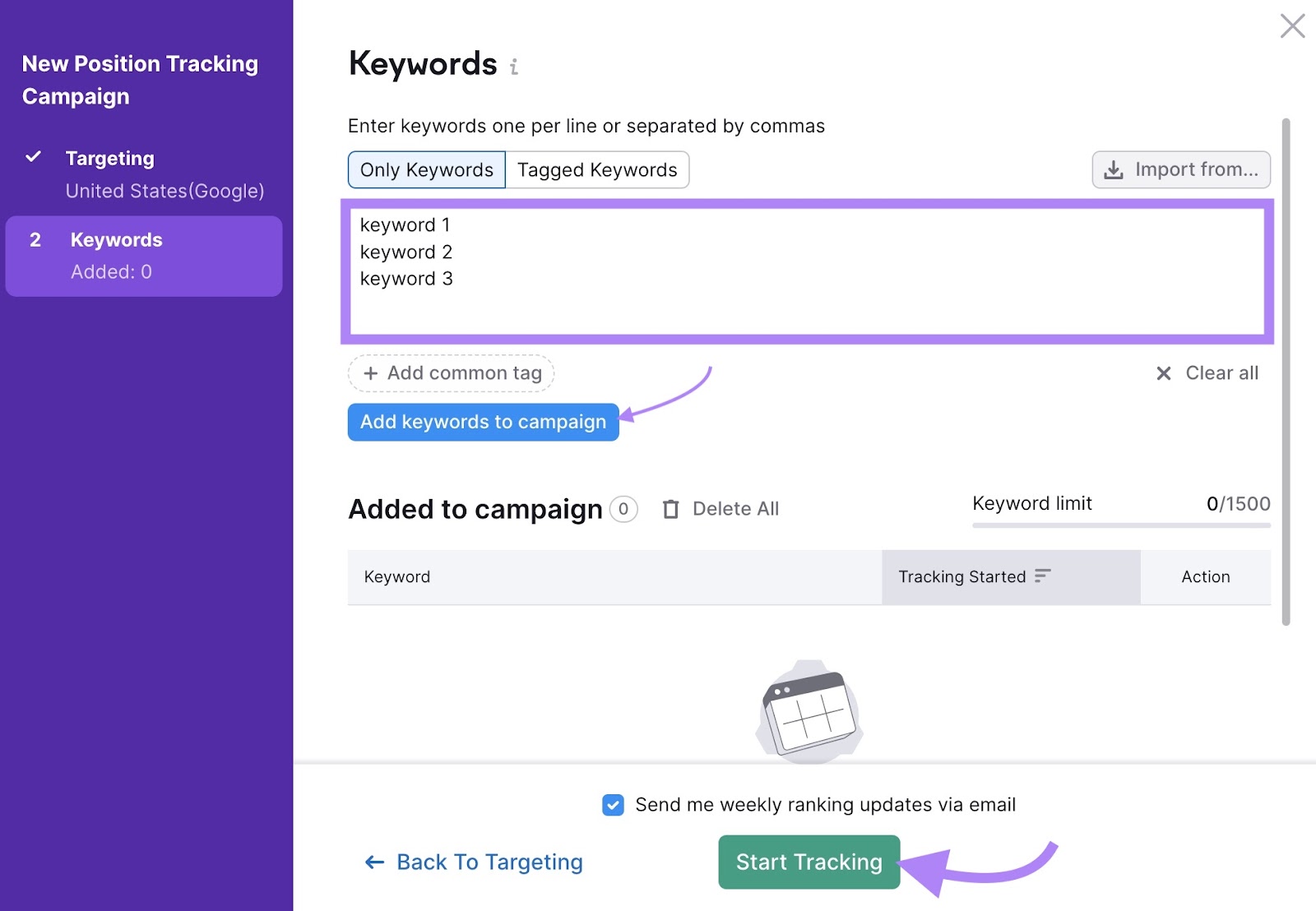 Keywords settings on the Position Tracking tool with the keywords section, "Add keywords to campaign", and "Start tracking" highlighted.