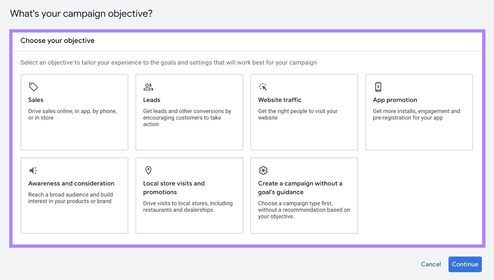 "Choose your objective" page on Google ads with the options including sales, leads, website traffic, app promotion, etc.