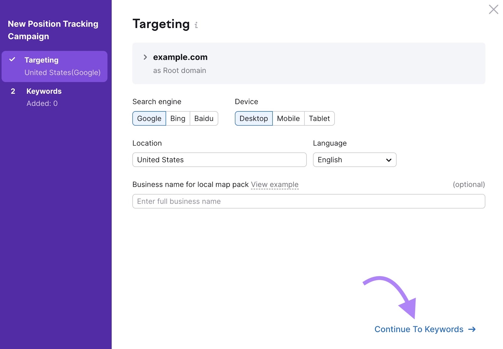 "Targeting" settings on the Position Tracking tool to select the search engine, device, location, and language for the campaign