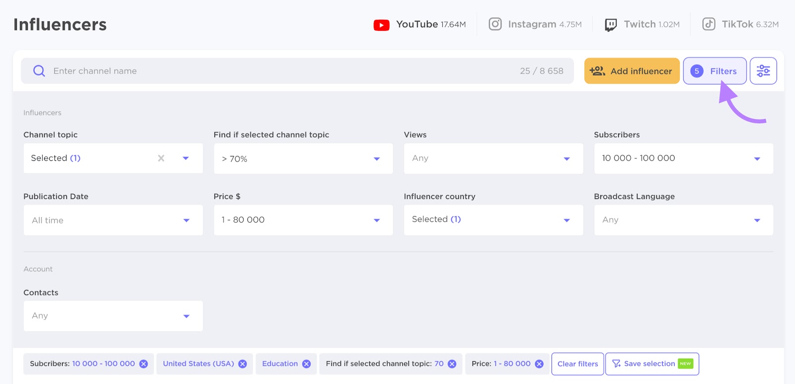 Influencer Analytics tool with the filters menu open and an arrow pointing to the "Filters" button.