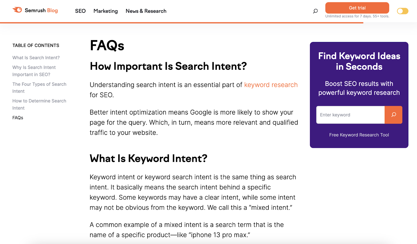 semrush blog post's faqs section