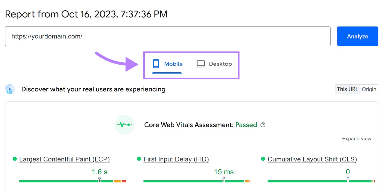 "Mobile" and "Desktop" buttons highlighted in the PageSpeed Insights