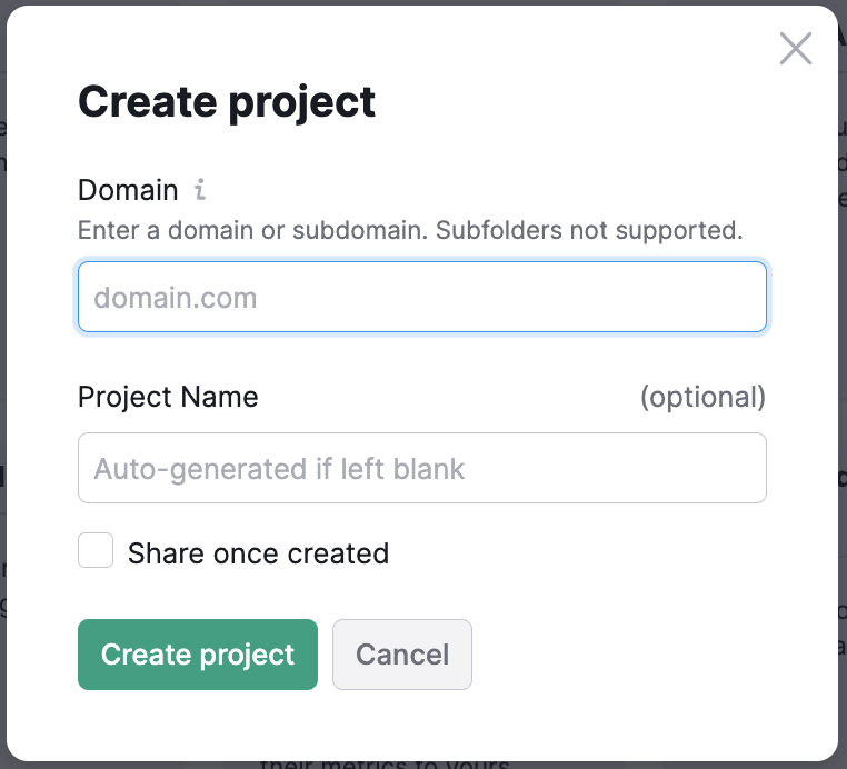 Pop up screen when creating a project. 