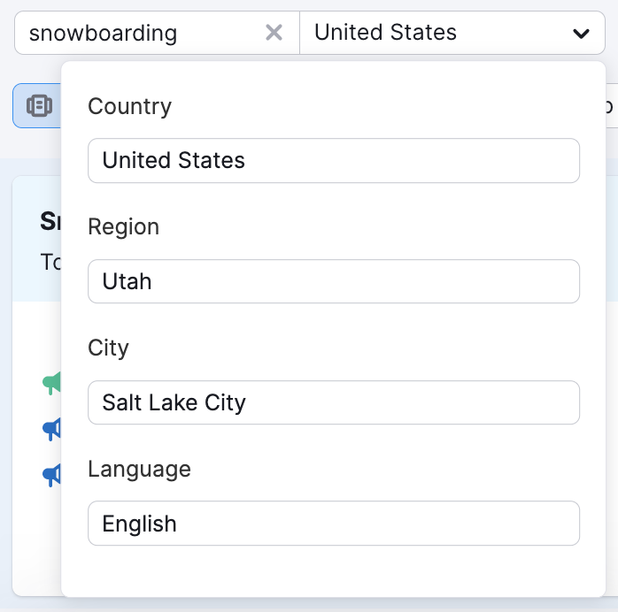 A dropdown menu of the location selector. In addition to a country, it allows choosing a region, city, and language.