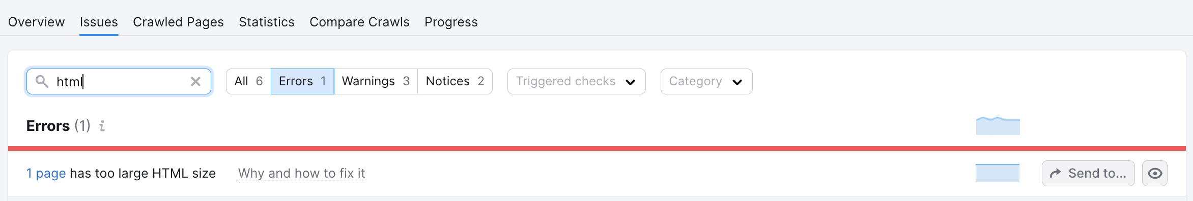 An example of the Issues report with a check 'html' entered in the search bar. In the list of errors there's one that states '1 page has too large HTML size'.