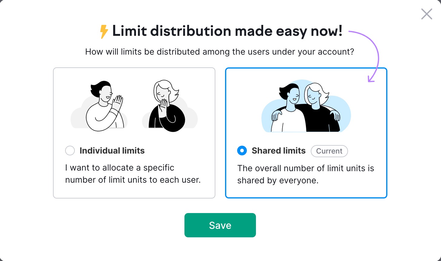 Settings showing where to pick from the two options for distributing limits 