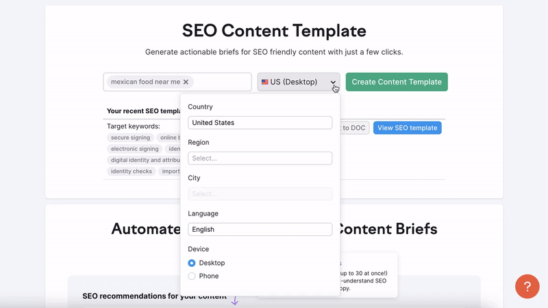 The SEO Content Template starting page with the targeting drop-down. 