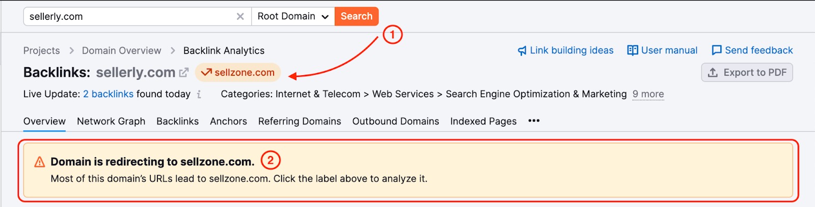 An example of a domain with the redirect: a red arrow is pointing to the redirect label next to the website name, and a red rectangle is highlighting the "Domain is redirected to" notification. 