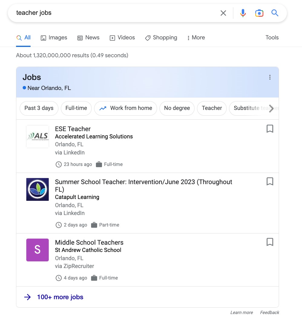 Jobs SERP feature on desktop devices