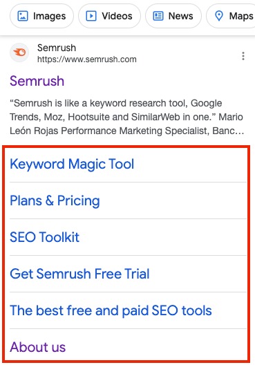 Example of Sitelinks displayed on a mobile Google search results page.