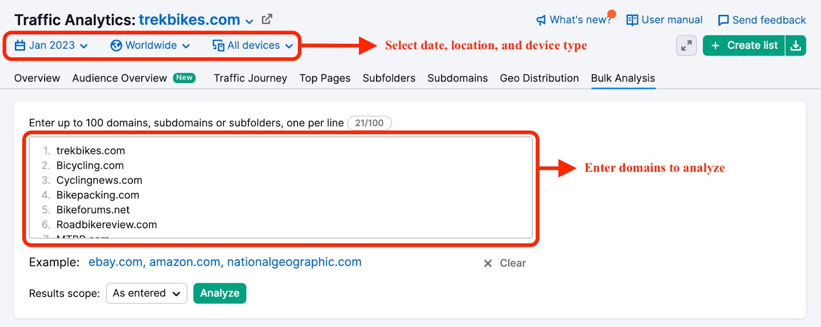 An example of Bulk Analysis report that allows uploading up to 100 domains and selecting date, region, or device before or after getting the result report. The date, location and devices filters are located at the top of the report and highlighted with a red rectangle. Another red rectangle shows the window where you can add domains to compare.