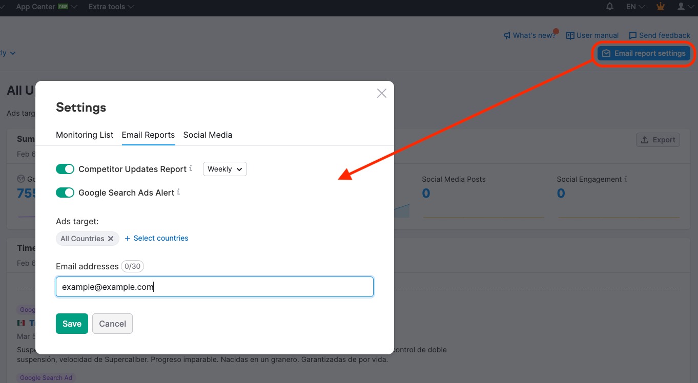 Email report settings blue button is on the top right of the EyeOn report and highlighted with a red rectangle. It allows to set up email reports in the pop-up window: you need to select what updates you would like to receive and add an email address. 