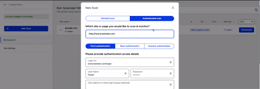 To add authentication during setup, first click “Authenticated scan” on the New Scan screen.