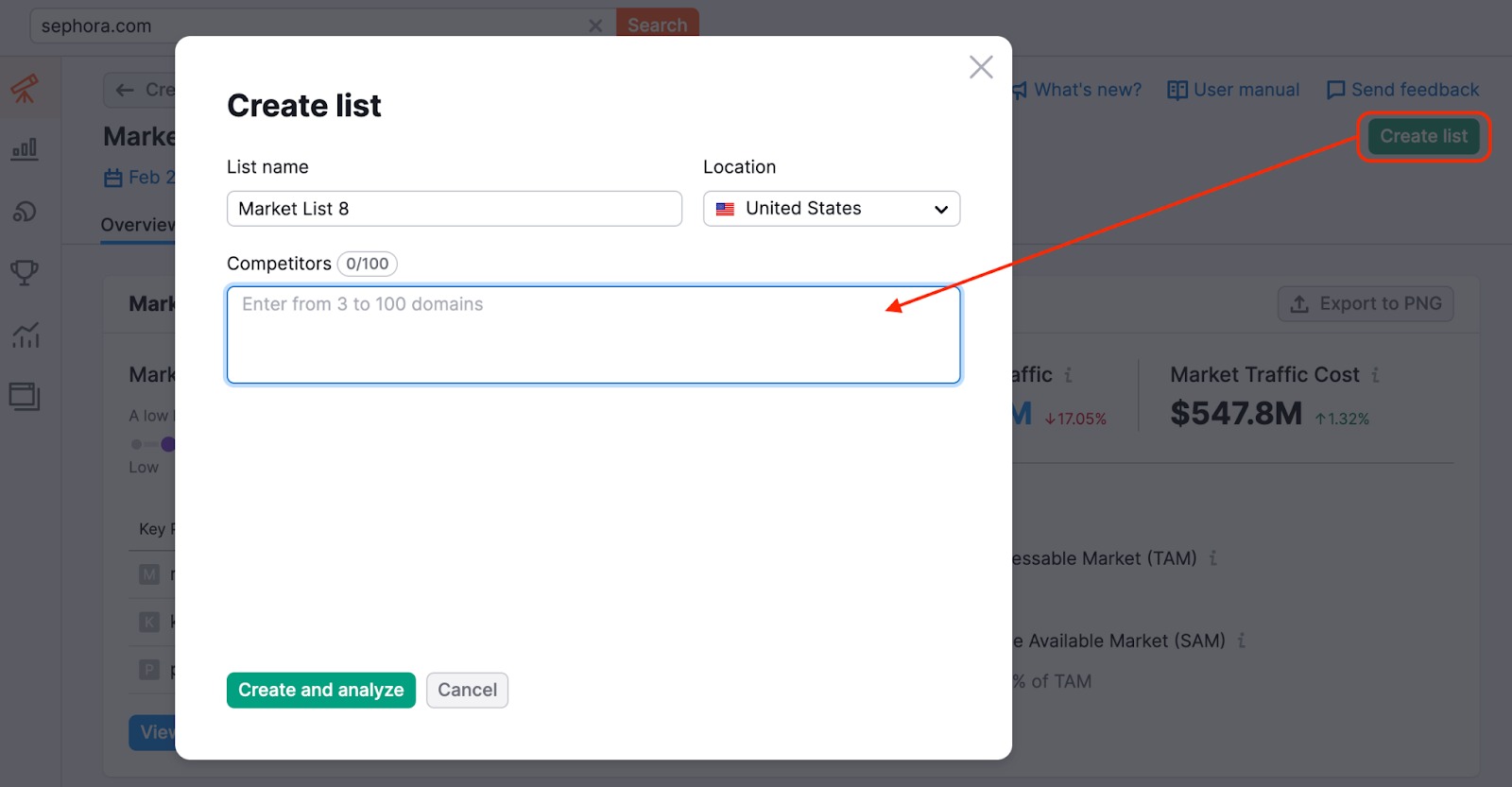 A pop-up window that appears after pressing the 'Create List' button in Market Explorer Overview report.