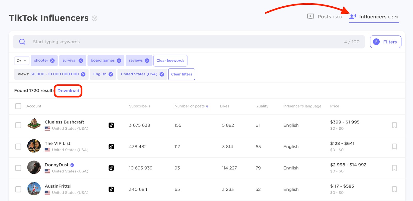Search by keywords tab for TikTok Influencers. The download button is highlighted.