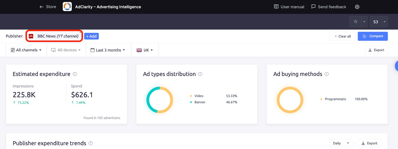 Where to search for a publisher domain or youtube channel in AdClarity app.