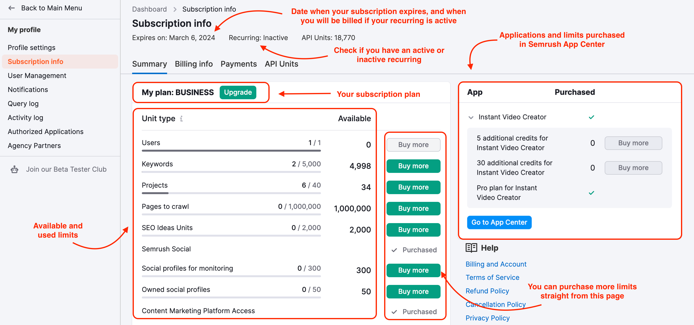 An example of the Summary tab, where you can find your subscription details, on the Subscription Info page.