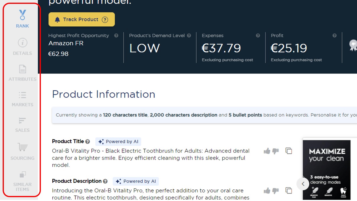 The navigation side bar in the ‘Single Product Analysis’ feature of Product Research Pulse.